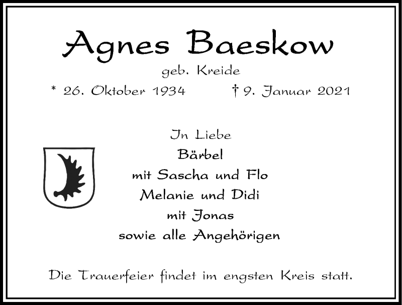  Traueranzeige für Agnes Baeskow vom 16.01.2021 aus Kieler Nachrichten