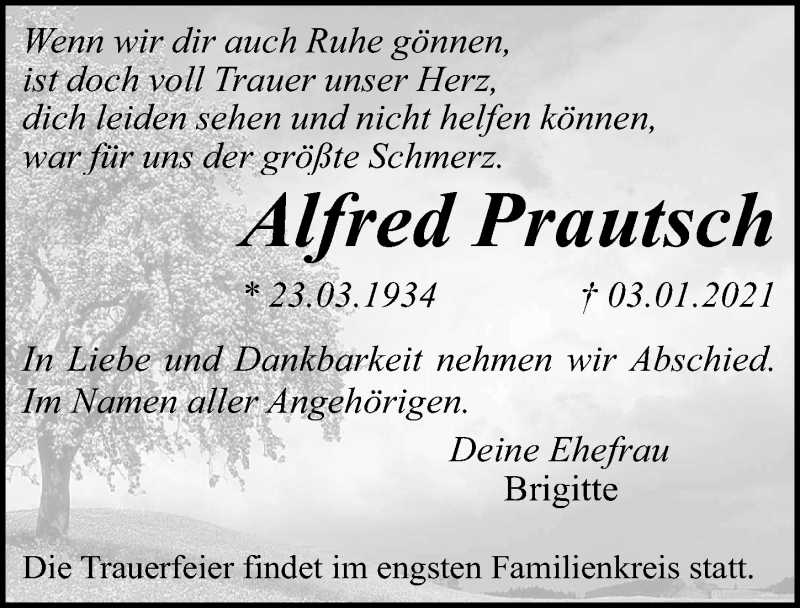  Traueranzeige für Alfred Prautsch vom 09.01.2021 aus Ostsee-Zeitung GmbH
