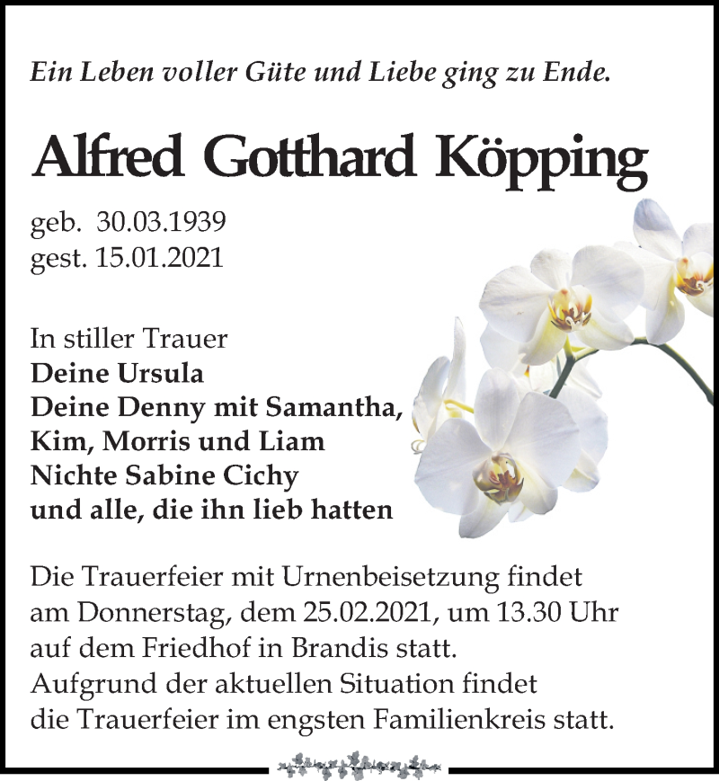  Traueranzeige für Alfred Gotthard Köpping vom 30.01.2021 aus Leipziger Volkszeitung