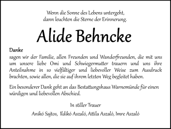 Traueranzeige von Alide Behncke von Ostsee-Zeitung GmbH