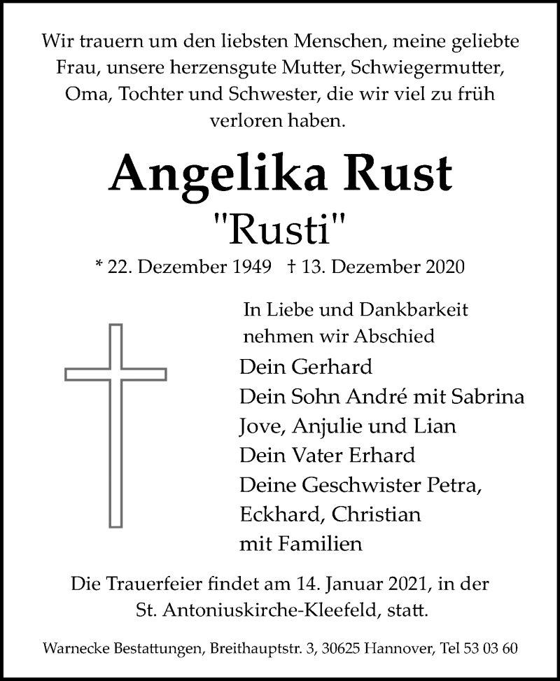  Traueranzeige für Angelika Rust vom 09.01.2021 aus Hannoversche Allgemeine Zeitung/Neue Presse