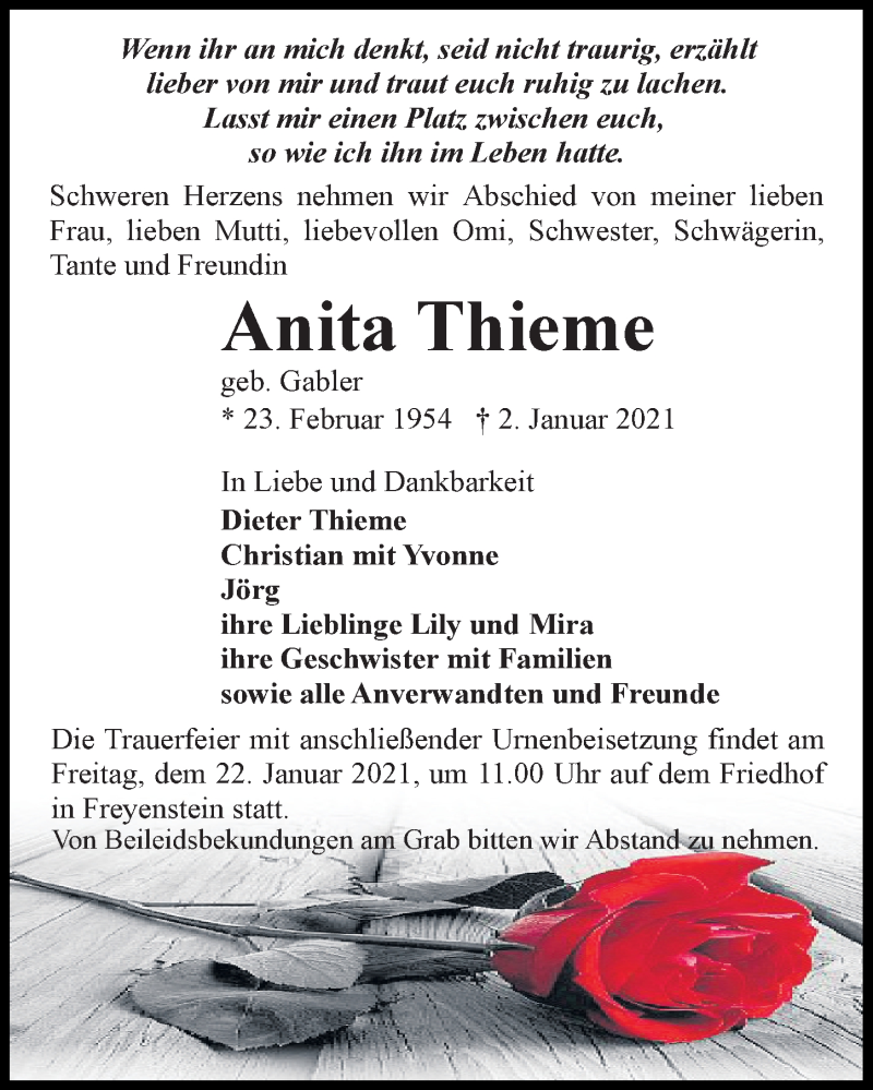  Traueranzeige für Anita Thieme vom 09.01.2021 aus Märkischen Allgemeine Zeitung