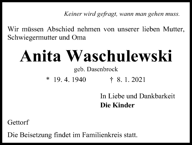  Traueranzeige für Anita Waschulewski vom 16.01.2021 aus Kieler Nachrichten