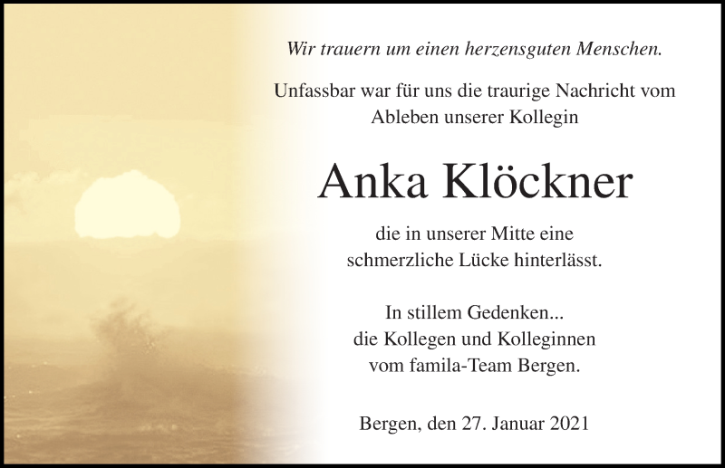 Traueranzeige für Anka Klöckner vom 30.01.2021 aus Ostsee-Zeitung GmbH