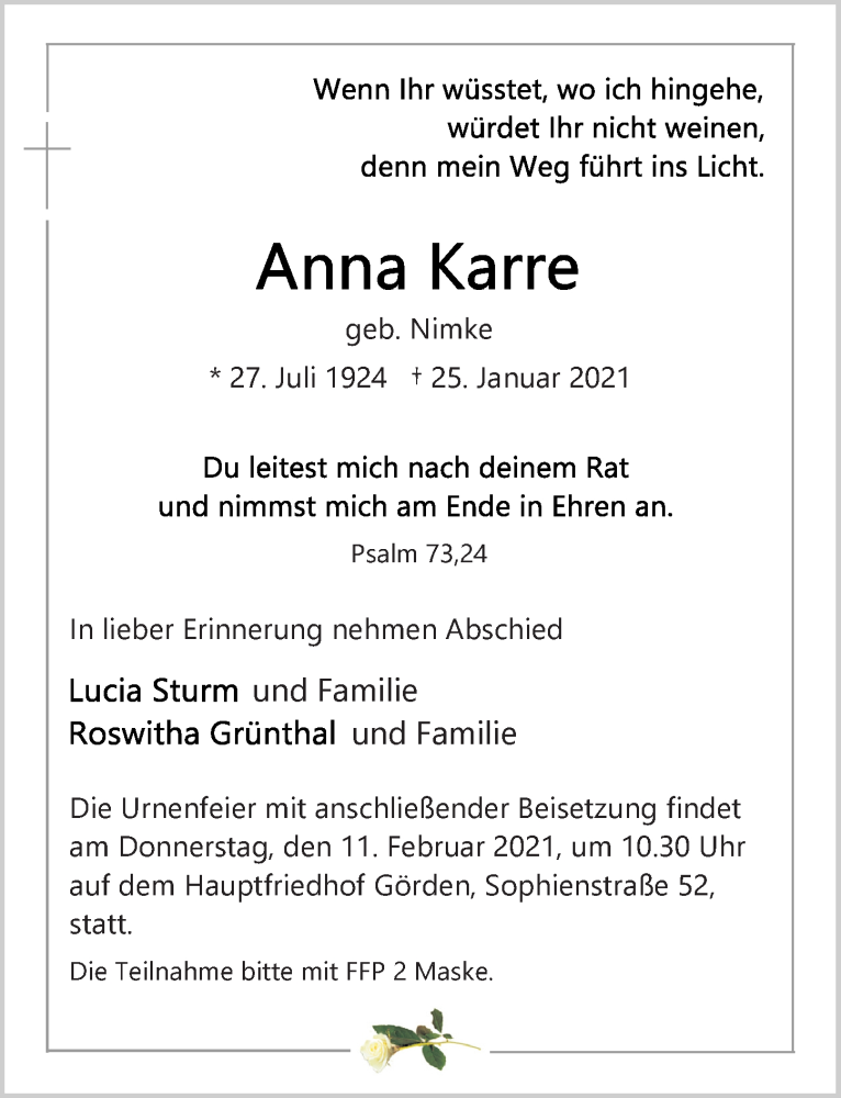  Traueranzeige für Anna Karre vom 30.01.2021 aus Märkischen Allgemeine Zeitung