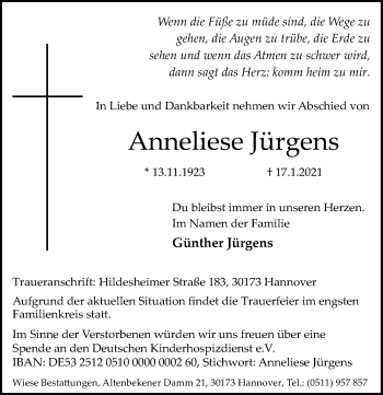 Traueranzeige von Anneliese Jürgens von Hannoversche Allgemeine Zeitung/Neue Presse