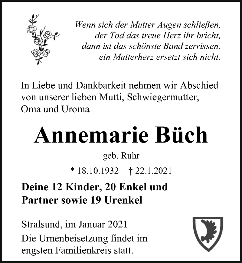  Traueranzeige für Annemarie Büch vom 30.01.2021 aus Ostsee-Zeitung GmbH