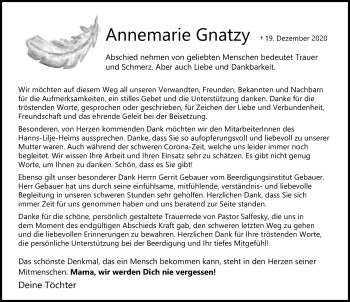 Traueranzeige von Annemarie Gnatzy von Aller Zeitung