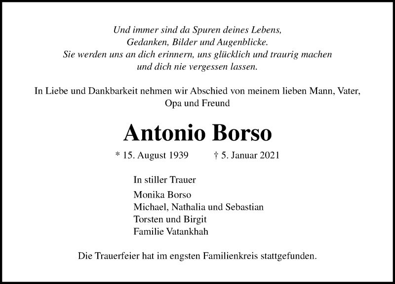  Traueranzeige für Antonio Borso vom 10.01.2021 aus Lübecker Nachrichten