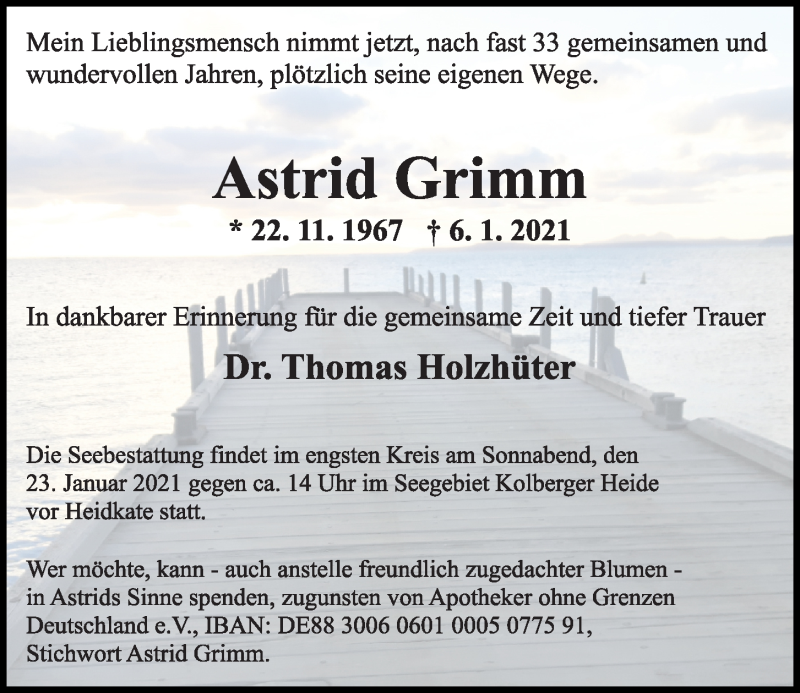  Traueranzeige für Astrid Grimm vom 16.01.2021 aus Kieler Nachrichten