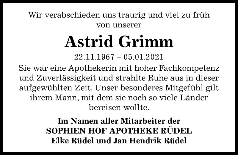  Traueranzeige für Astrid Grimm vom 09.01.2021 aus Kieler Nachrichten