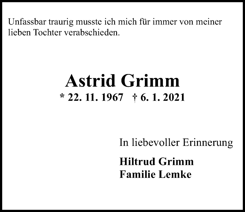  Traueranzeige für Astrid Grimm vom 16.01.2021 aus Kieler Nachrichten