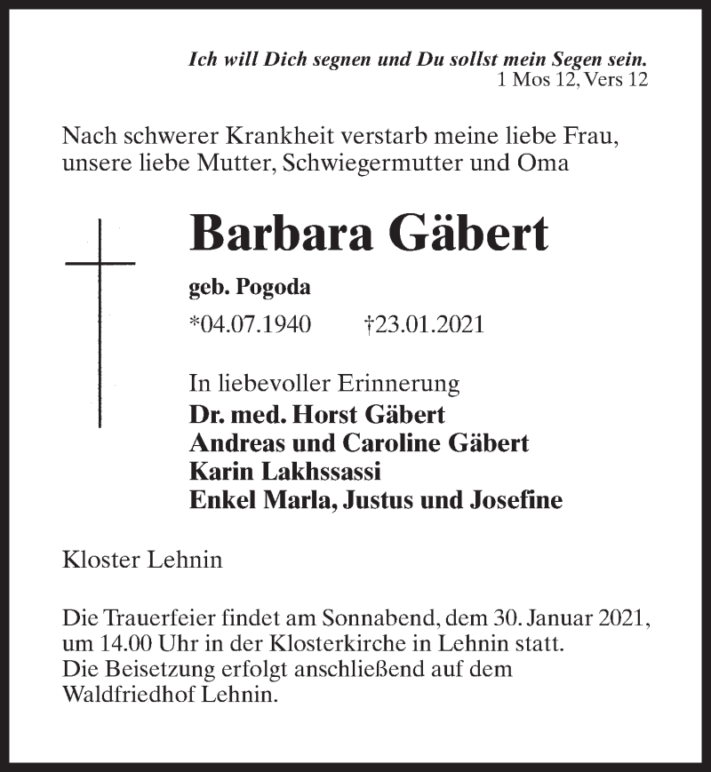  Traueranzeige für Barbara Gäbert vom 27.01.2021 aus Märkischen Allgemeine Zeitung