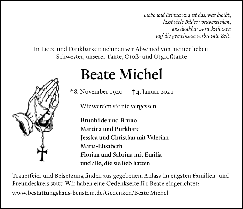  Traueranzeige für Beate Michel vom 09.01.2021 aus Göttinger Tageblatt