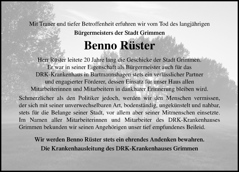  Traueranzeige für Benno Rüster vom 30.01.2021 aus Ostsee-Zeitung GmbH