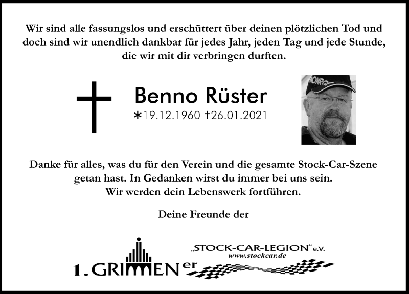  Traueranzeige für Benno Rüster vom 30.01.2021 aus Ostsee-Zeitung GmbH