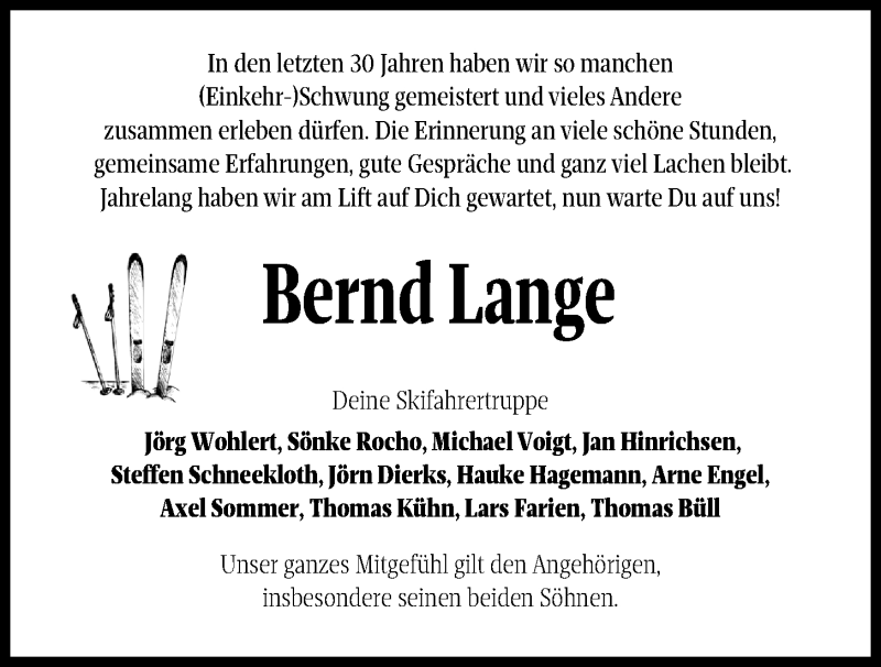  Traueranzeige für Bernd Lange vom 16.01.2021 aus Kieler Nachrichten