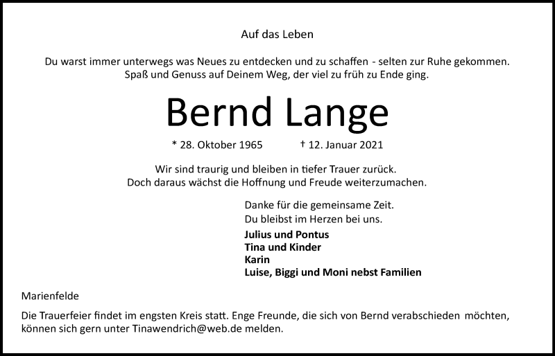  Traueranzeige für Bernd Lange vom 16.01.2021 aus Kieler Nachrichten