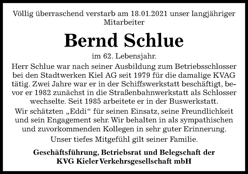  Traueranzeige für Bernd Schlue vom 23.01.2021 aus Kieler Nachrichten
