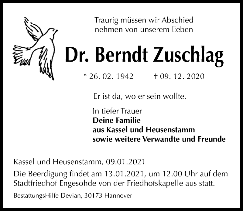  Traueranzeige für Berndt Zuschlag vom 09.01.2021 aus Hannoversche Allgemeine Zeitung/Neue Presse