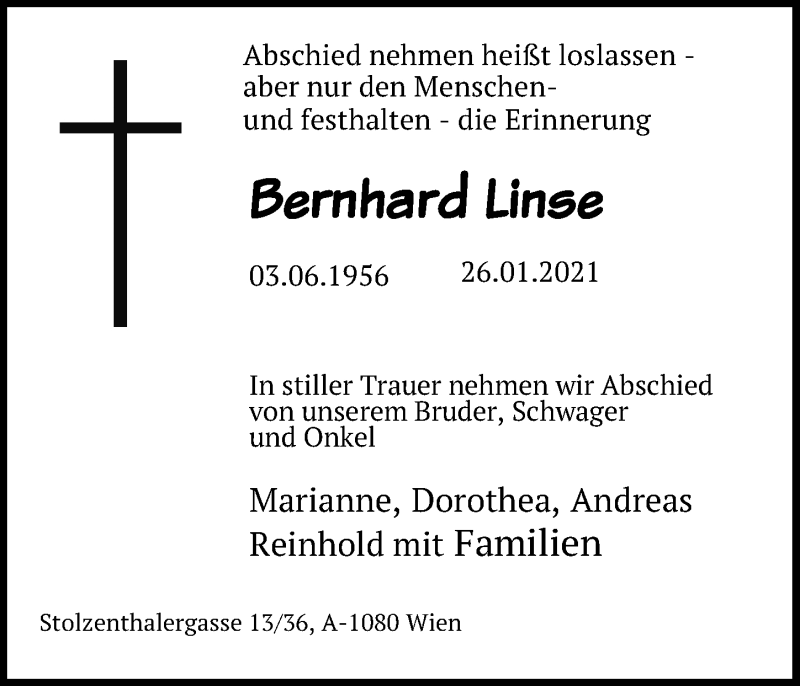  Traueranzeige für Bernhard Linse vom 30.01.2021 aus Peiner Allgemeine Zeitung