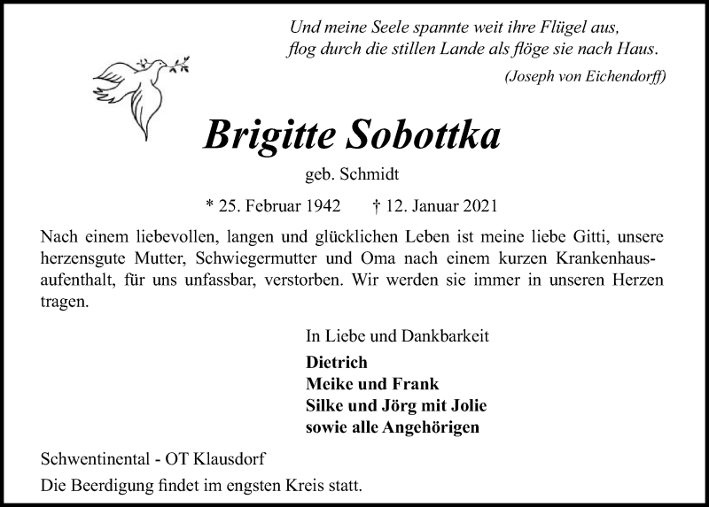  Traueranzeige für Brigitte Sobottka vom 16.01.2021 aus Kieler Nachrichten