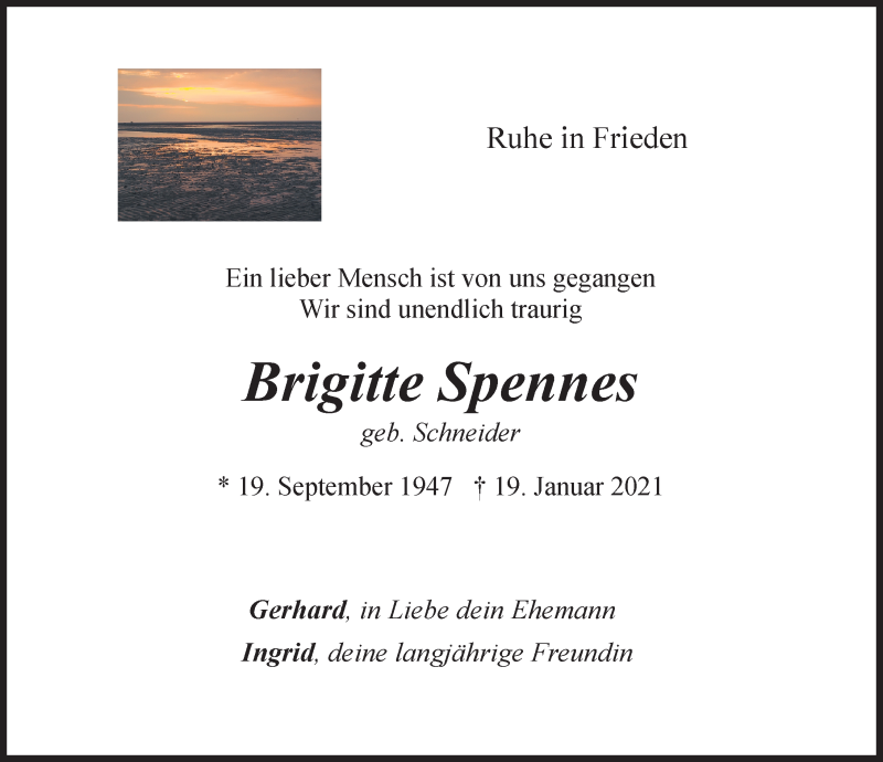  Traueranzeige für Brigitte Spennes vom 30.01.2021 aus Hannoversche Allgemeine Zeitung/Neue Presse