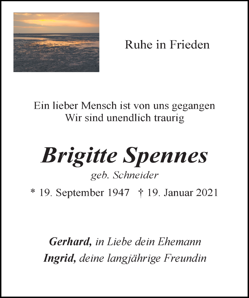  Traueranzeige für Brigitte Spennes vom 30.01.2021 aus Schaumburger Nachrichten