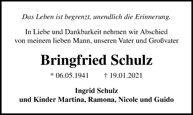  Traueranzeige für Bringfried Schulz vom 22.01.2021 aus Märkischen Allgemeine Zeitung