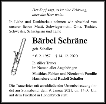 Traueranzeige von Bärbel Schräne von Märkischen Allgemeine Zeitung