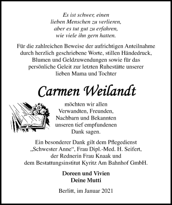 Traueranzeige von Carmen Weilandt von Märkischen Allgemeine Zeitung