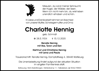 Traueranzeige von Charlotte Hennig von Aller Zeitung