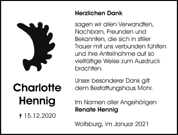 Traueranzeige von Charlotte Hennig von Aller Zeitung