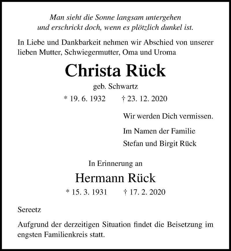  Traueranzeige für Christa Rück vom 03.01.2021 aus Lübecker Nachrichten