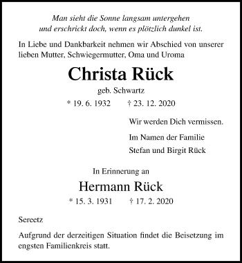 Traueranzeige von Christa Rück von Lübecker Nachrichten