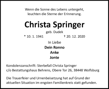Traueranzeige von Christa Springer von Aller Zeitung