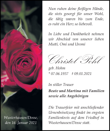 Traueranzeige von Christel Pohl