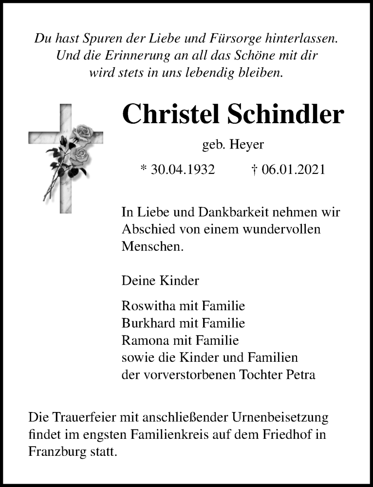  Traueranzeige für Christel Schindler vom 09.01.2021 aus Ostsee-Zeitung GmbH