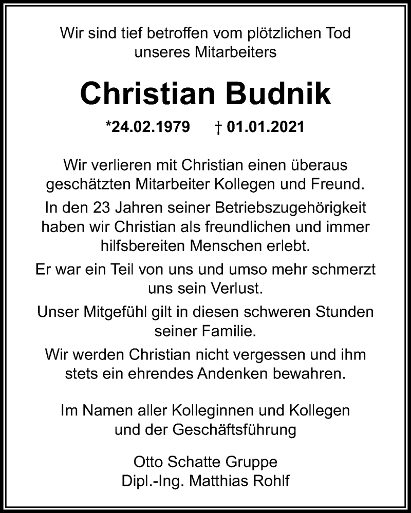  Traueranzeige für Christian Budnik vom 17.01.2021 aus Lübecker Nachrichten