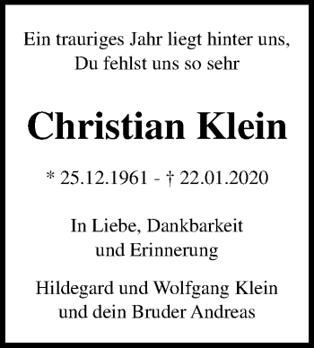 Traueranzeige von Christian Klein von Lübecker Nachrichten