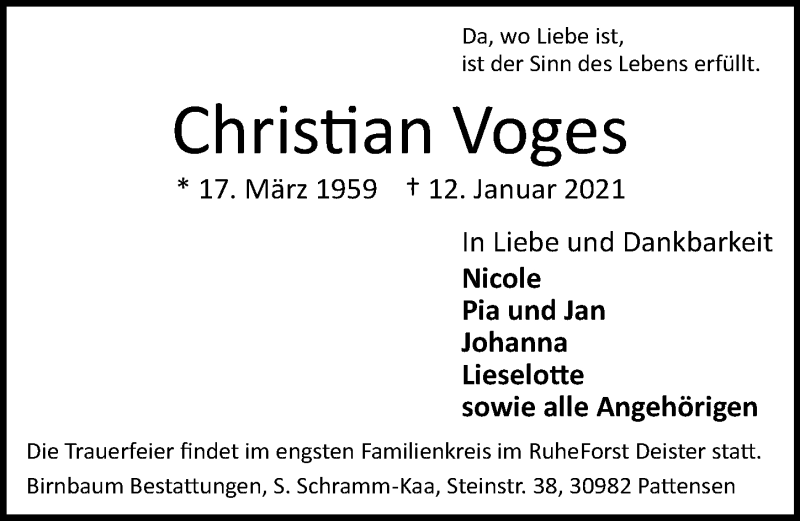  Traueranzeige für Christian Voges vom 16.01.2021 aus Hannoversche Allgemeine Zeitung/Neue Presse
