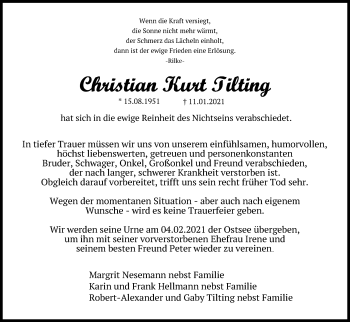 Traueranzeige von Christian Kurt Tilting von Lübecker Nachrichten