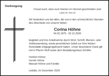 Traueranzeige von Corina Höhne von Märkischen Allgemeine Zeitung