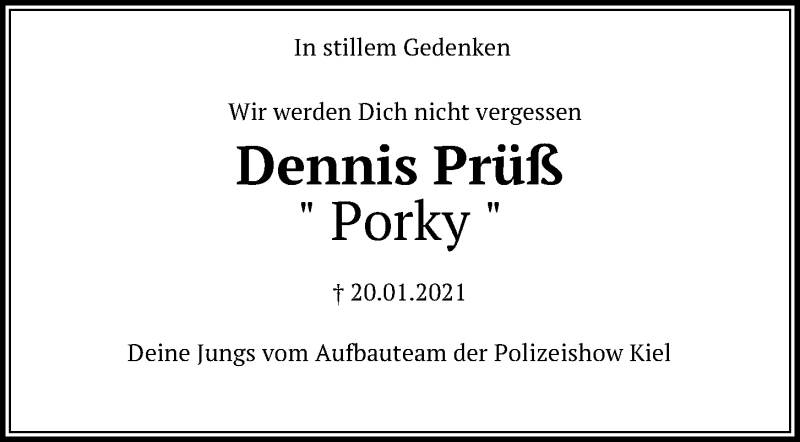  Traueranzeige für Dennis Prüß vom 23.01.2021 aus Kieler Nachrichten