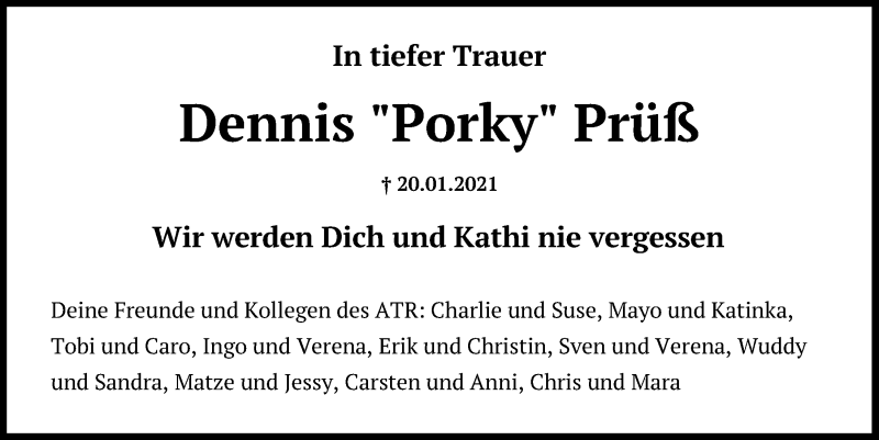  Traueranzeige für Dennis Prüß vom 27.01.2021 aus Kieler Nachrichten