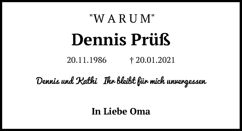  Traueranzeige für Dennis Prüß vom 26.01.2021 aus Kieler Nachrichten