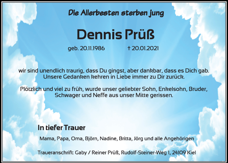  Traueranzeige für Dennis Prüß vom 23.01.2021 aus Kieler Nachrichten