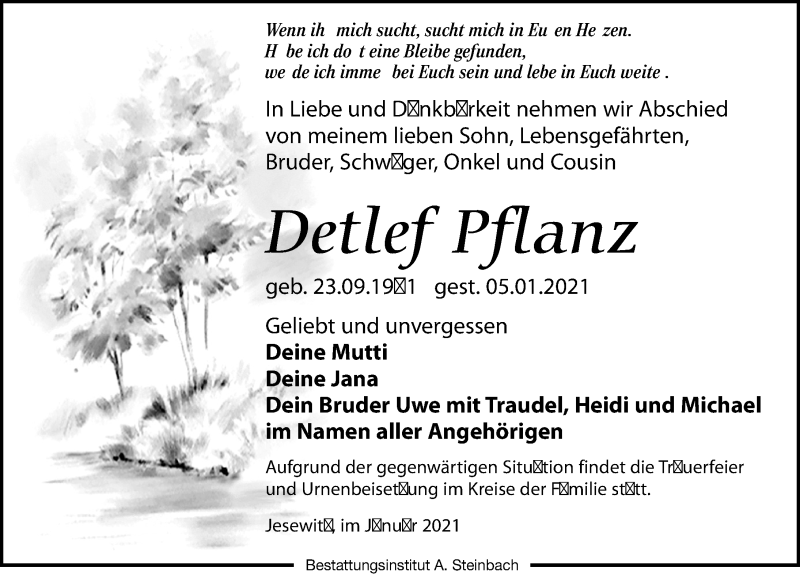  Traueranzeige für Detlef Pflanz vom 09.01.2021 aus Leipziger Volkszeitung