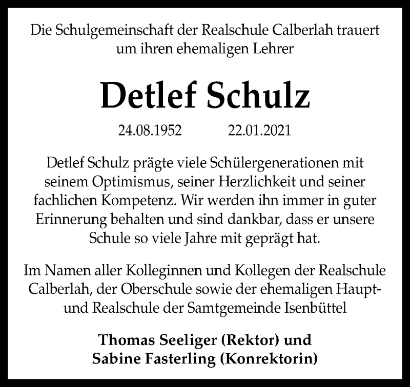  Traueranzeige für Detlef Schulz vom 29.01.2021 aus Aller Zeitung