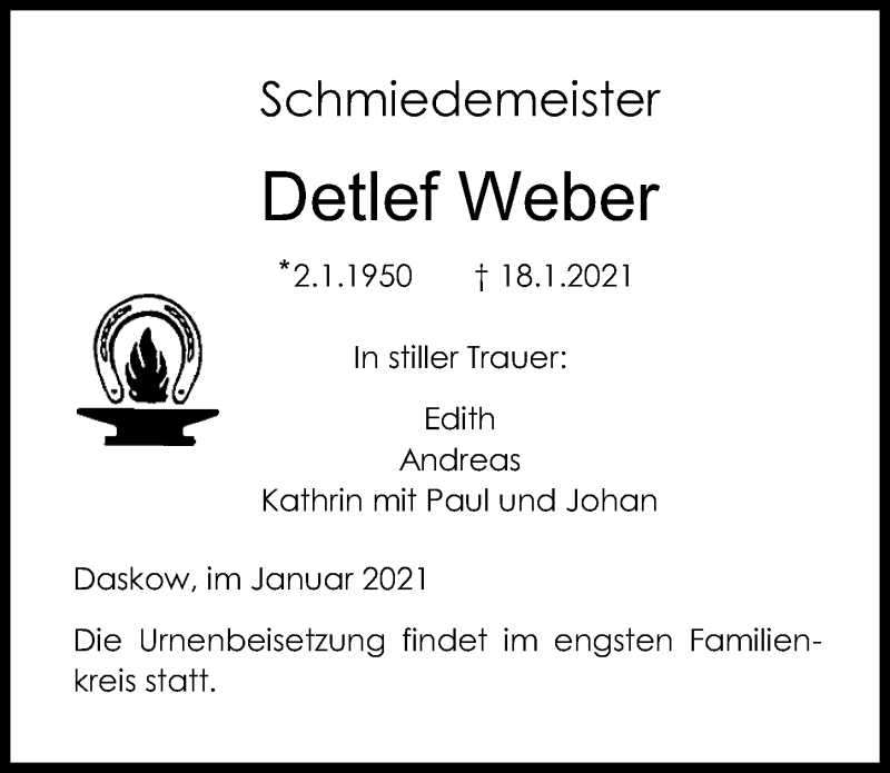  Traueranzeige für Detlef Weber vom 23.01.2021 aus Ostsee-Zeitung GmbH